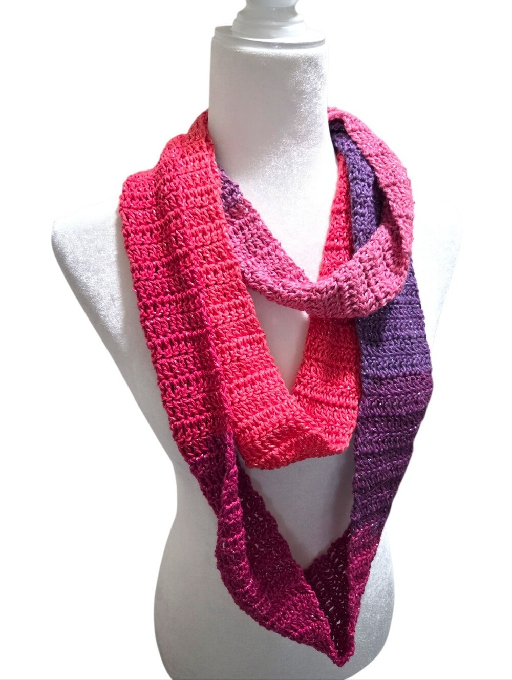 Handmade Double Crochet Colorful Infinity Scarf Pink Purple Ombre Sparkle Cotton - Picture 6 of 12